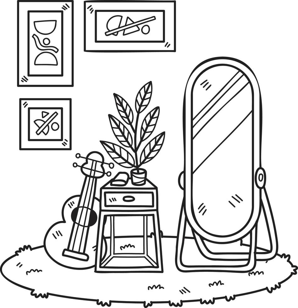 Hand Drawn Mirror with picture frame and guitar interior room illustration vector