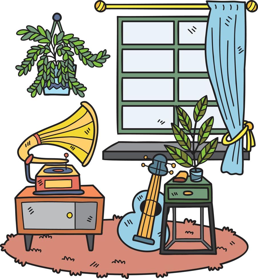 ilustración de habitación interior de guitarra y ventana dibujada a mano vector