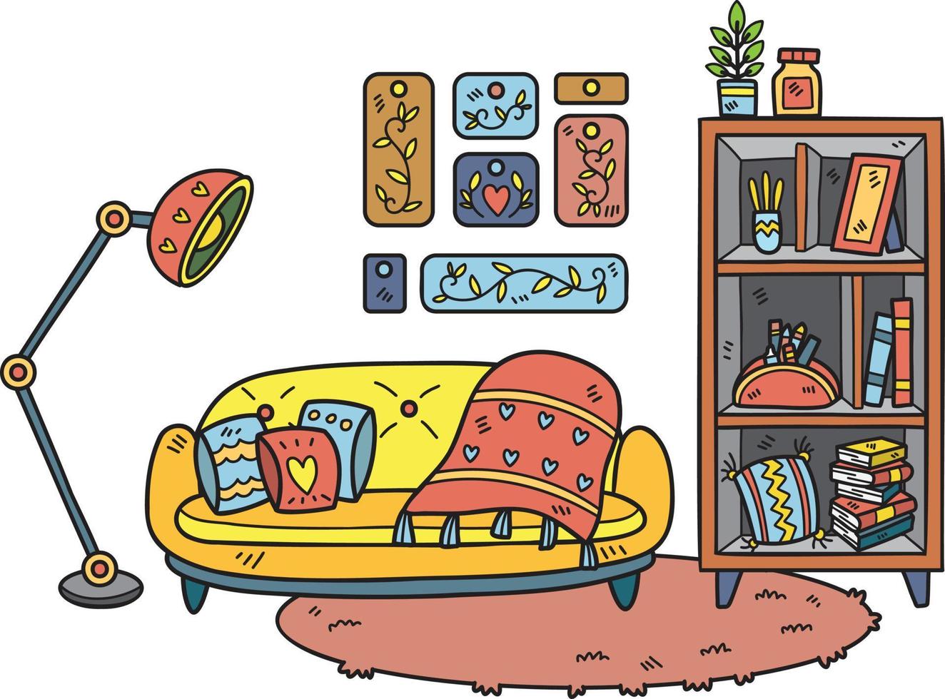 sofá dibujado a mano con lámparas y estantes en la ilustración de la habitación interior de la alfombra vector