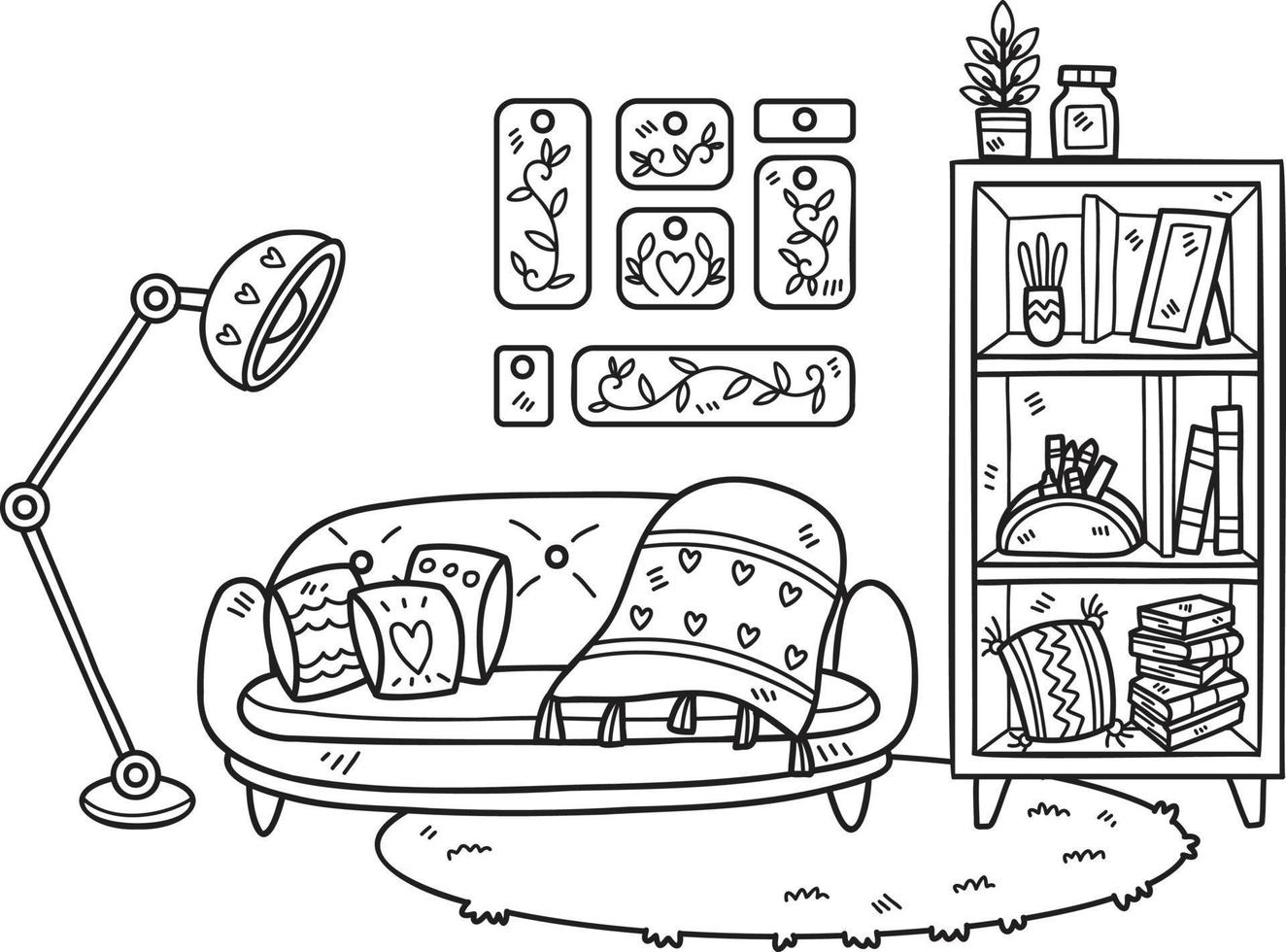 Hand Drawn couch with lamps and shelves on the carpet interior room illustration vector