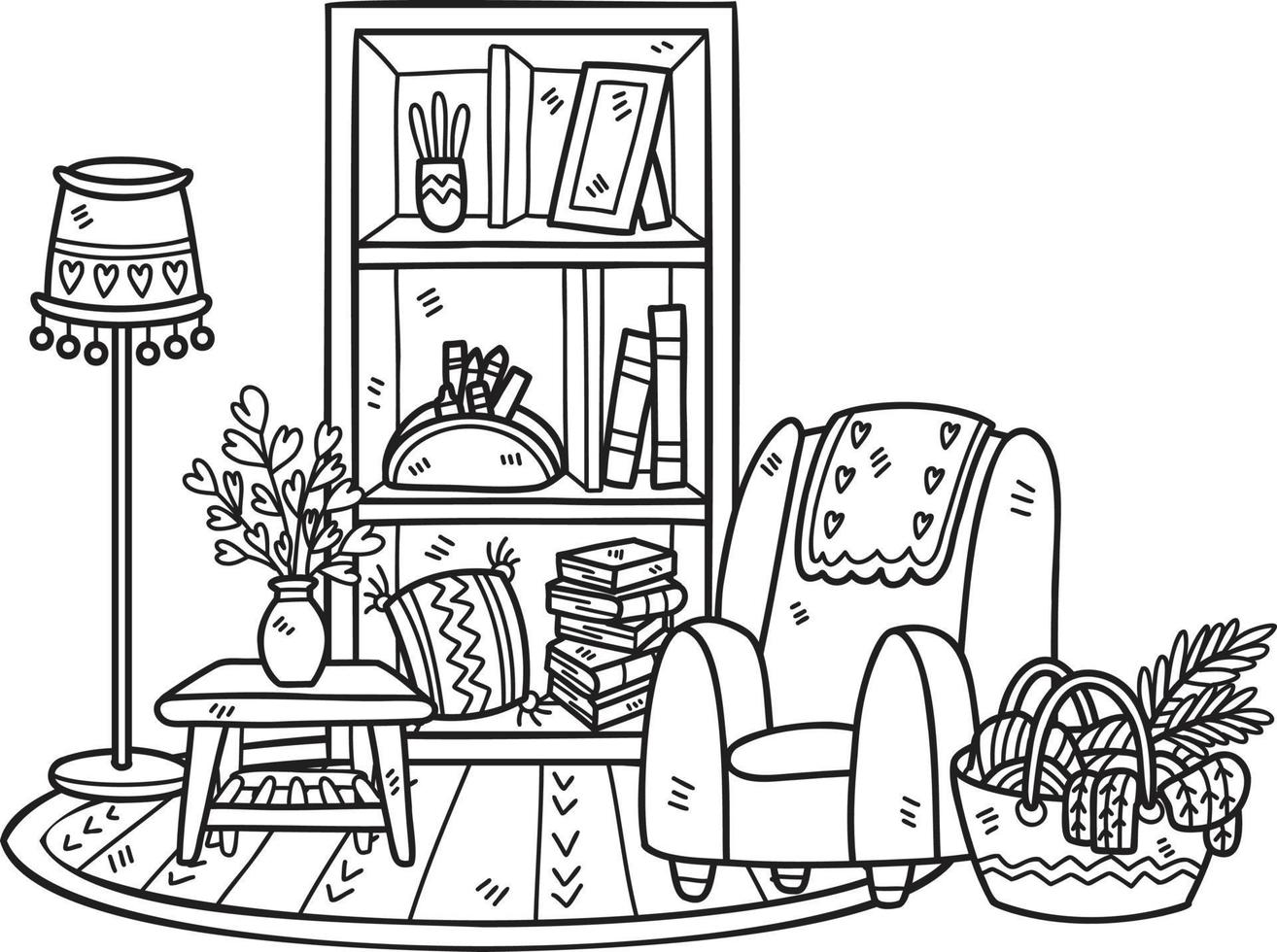 Hand Drawn sofa and shelves interior room illustration vector