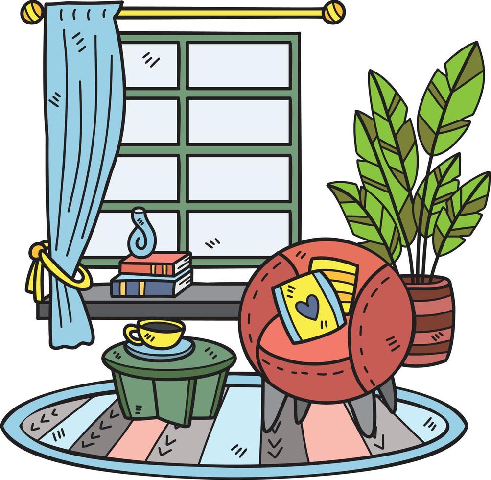 sillón dibujado a mano con plantas e ilustración de la habitación interior de la ventana vector