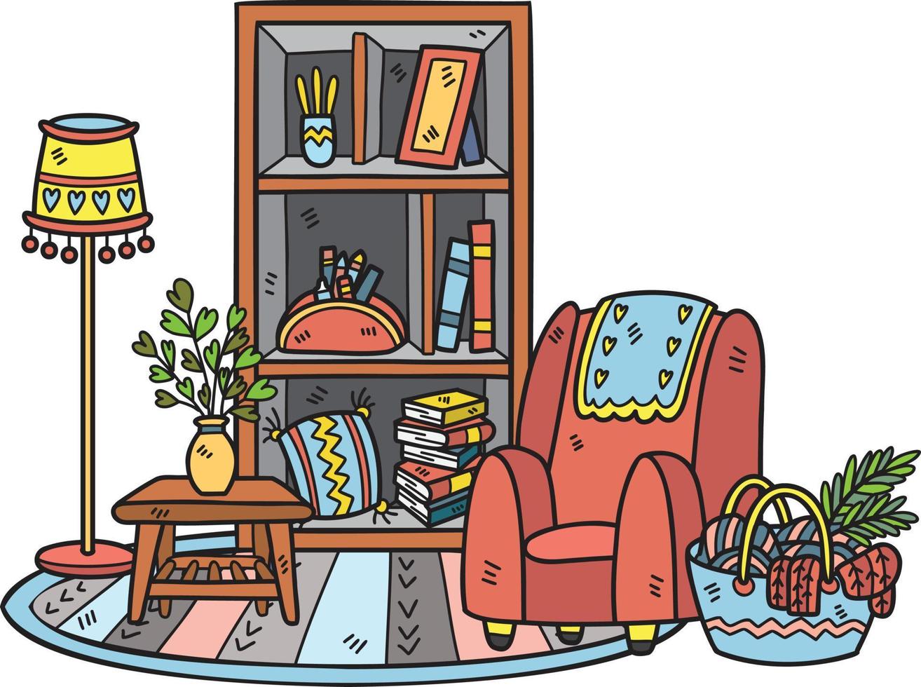 sofá dibujado a mano y estantes ilustración de la habitación interior vector