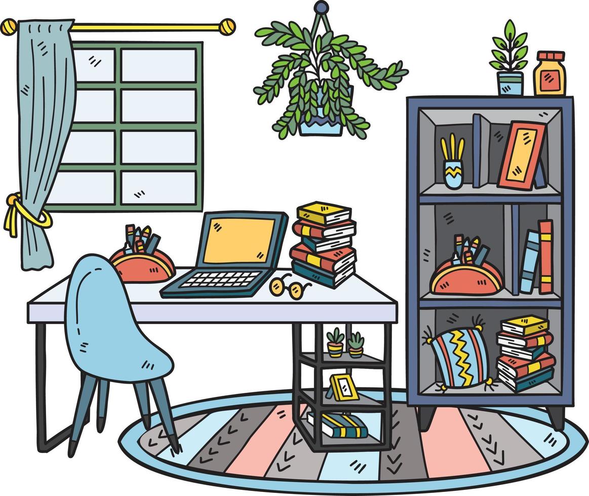 Hand Drawn Work desk with bookshelf and window interior room illustration vector