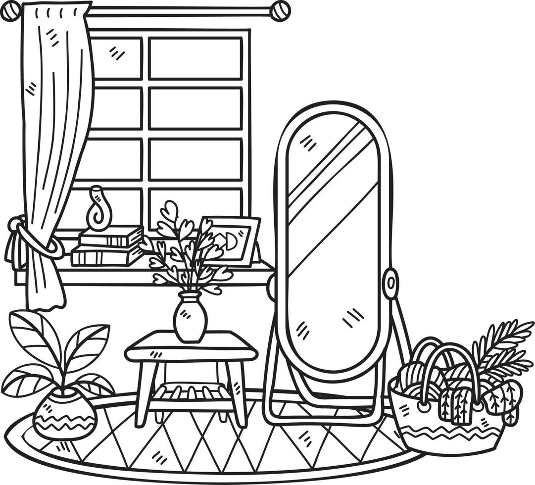 Hand Drawn Mirror with shelves and windows interior room illustration vector