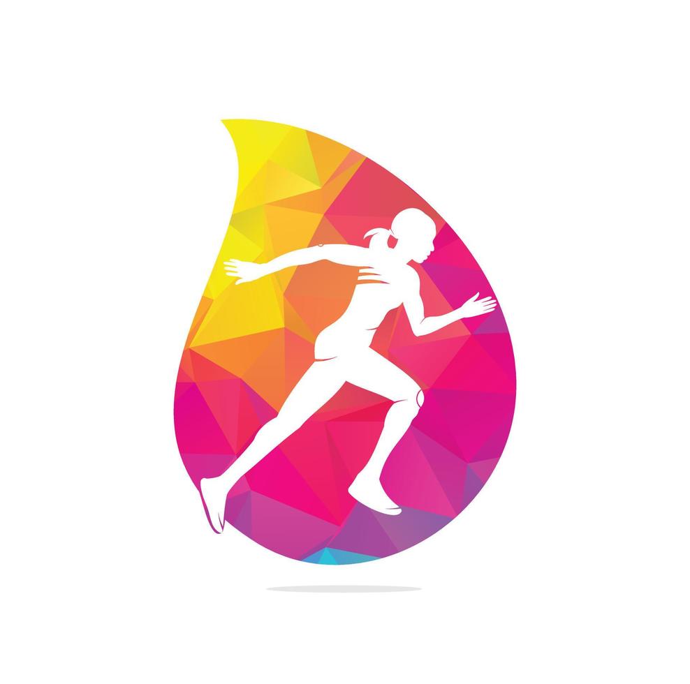 diseño del logotipo del club de corredores de fitness para mujeres. diseño de logotipo de forma de gota de mujeres corriendo. concepto de logotipo de ejecución saludable vector