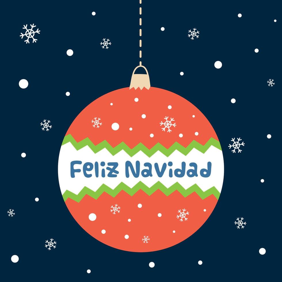 feliz navidad texto en español feliz navidad en bola roja decorativa sobre fondo oscuro nevado elemento español dibujado a mano para pancarta, carteles de tarjetas dibujo gráfico. ilustración vectorial vector