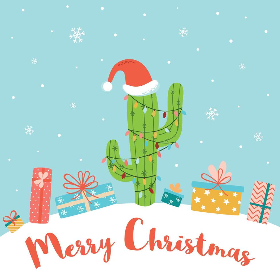 Alternative Christmas concept Cactus tree, gifts present boxes on snowy light blue background Hand drawn cute funny cactus in Santa hat. Text Merry Christmas. Graphic drawing. Vector illustration.