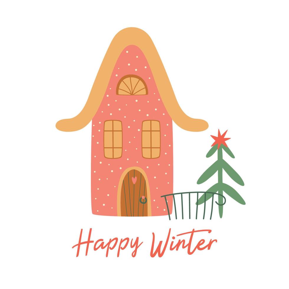 Christmas house isolated on white. Winter house. Cartoon happy new year city building. Christmas tree. Happy Winter cute greeting card. Winter time. Winter city landscape element. Vector illustration.