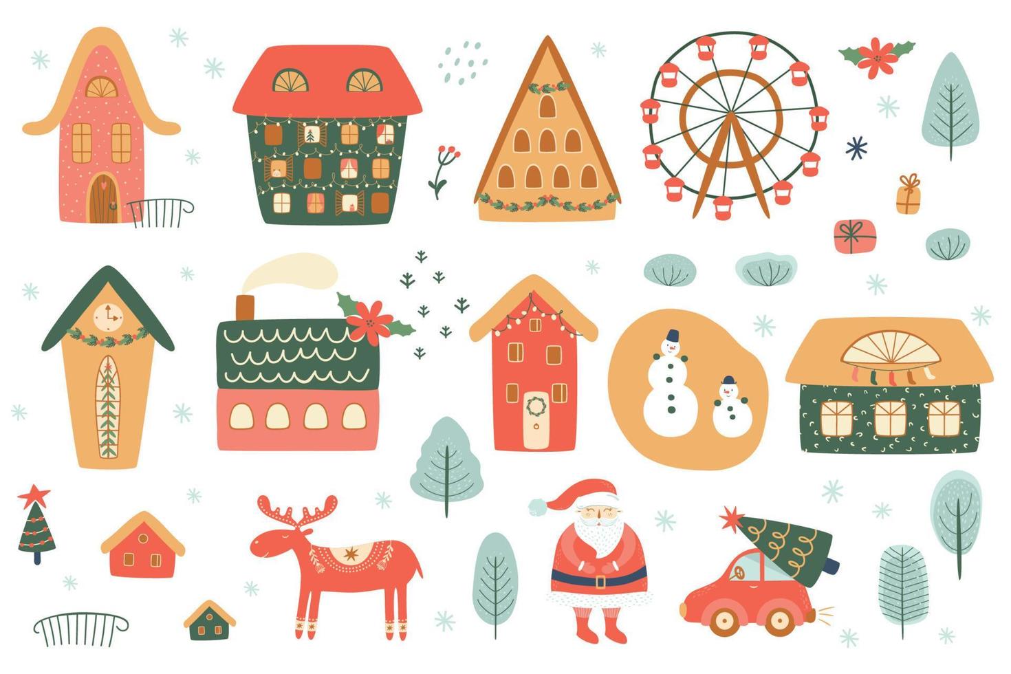 Christmas houses set. Set of isolated decorated buildings for New year and Christmas. Winter houses, Santa, deer, snowman, car. Winter holidays isolated graphic elements. Cute vector illustration.