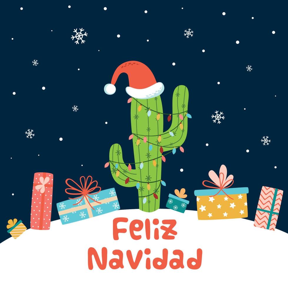 Cactus Christmas tree background Card full gifts present boxes on snowy dark landscape Hand drawn cute funny cactus in Santa hat. Text Merry Christmas in Spanish. Graphic drawing. Vector illustration.