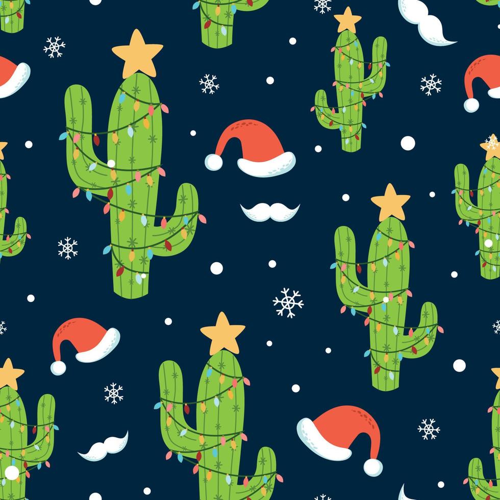 Cactus Christmas seamless pattern Alternative holiday with Christmas cactus light Santa hat mustache snowflakes. Dark background Spanish Graphic Christmas wrap package wallpaper. Vector illustration.