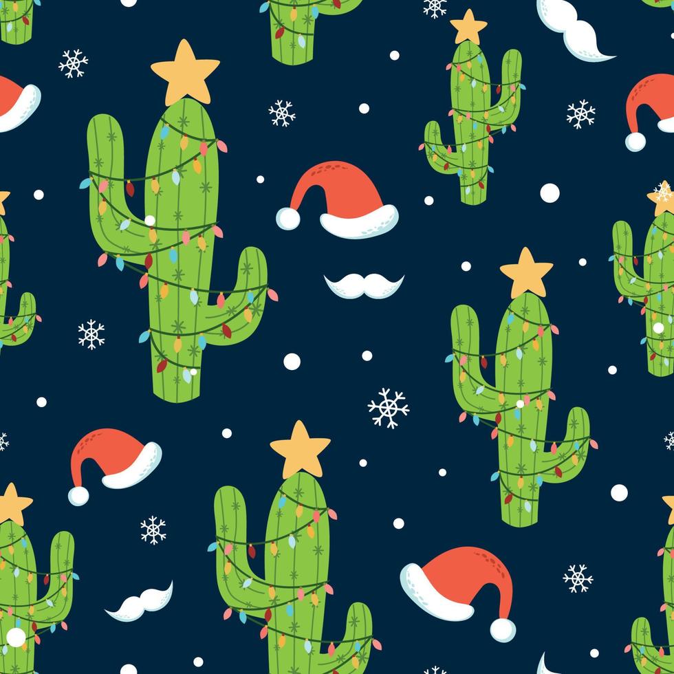 cactus navidad de patrones sin fisuras vacaciones alternativas con cactus de navidad luz sombrero de santa bigote copos de nieve. fondo oscuro gráfico español paquete de envoltura de navidad papel tapiz. ilustración vectorial vector