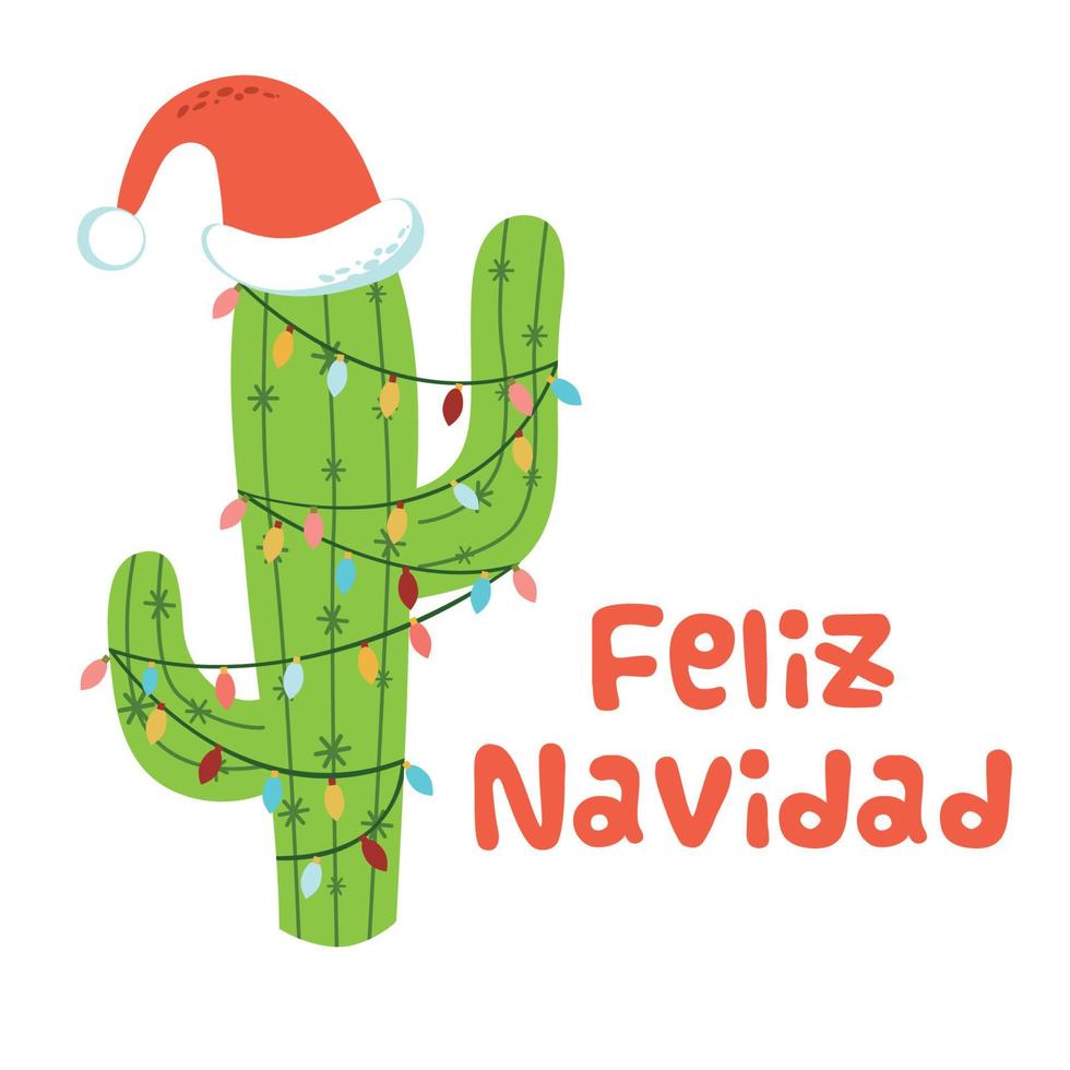 Christmas cactus in Santa hat Text Merry Christmas in Spanish Christmas light cactus Alternative christmas print. Happy holidays. Cute greeting card. Vector illustration. Hand drawn mexico design.