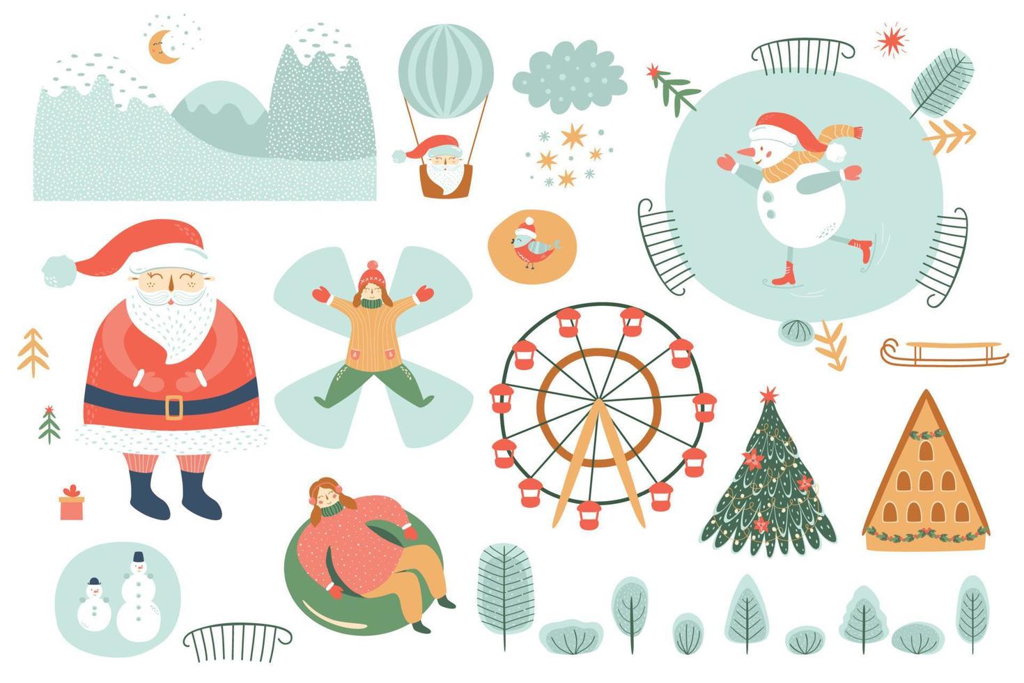 ocio de invierno. elementos de actividades de invierno aislados. diversión navideña al aire libre. clipart. gente deslizándose, patinaje sobre hielo, muñeco de nieve, montaña, casa, santa, árbol forestal, ilustración de vector de parque en caricatura tierna