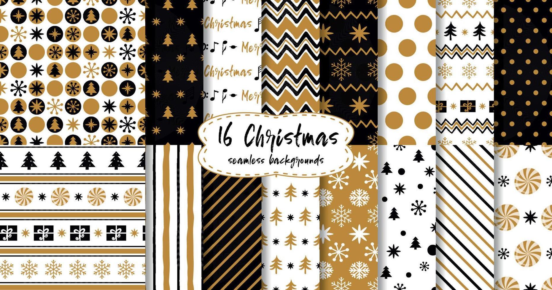 Merry Christmas and Happy New Year Set of gold golden black seamless backgrounds with holiday symbols candy sweets trees snowflakes christmas ball gift abstract hipster patterns Vector collection
