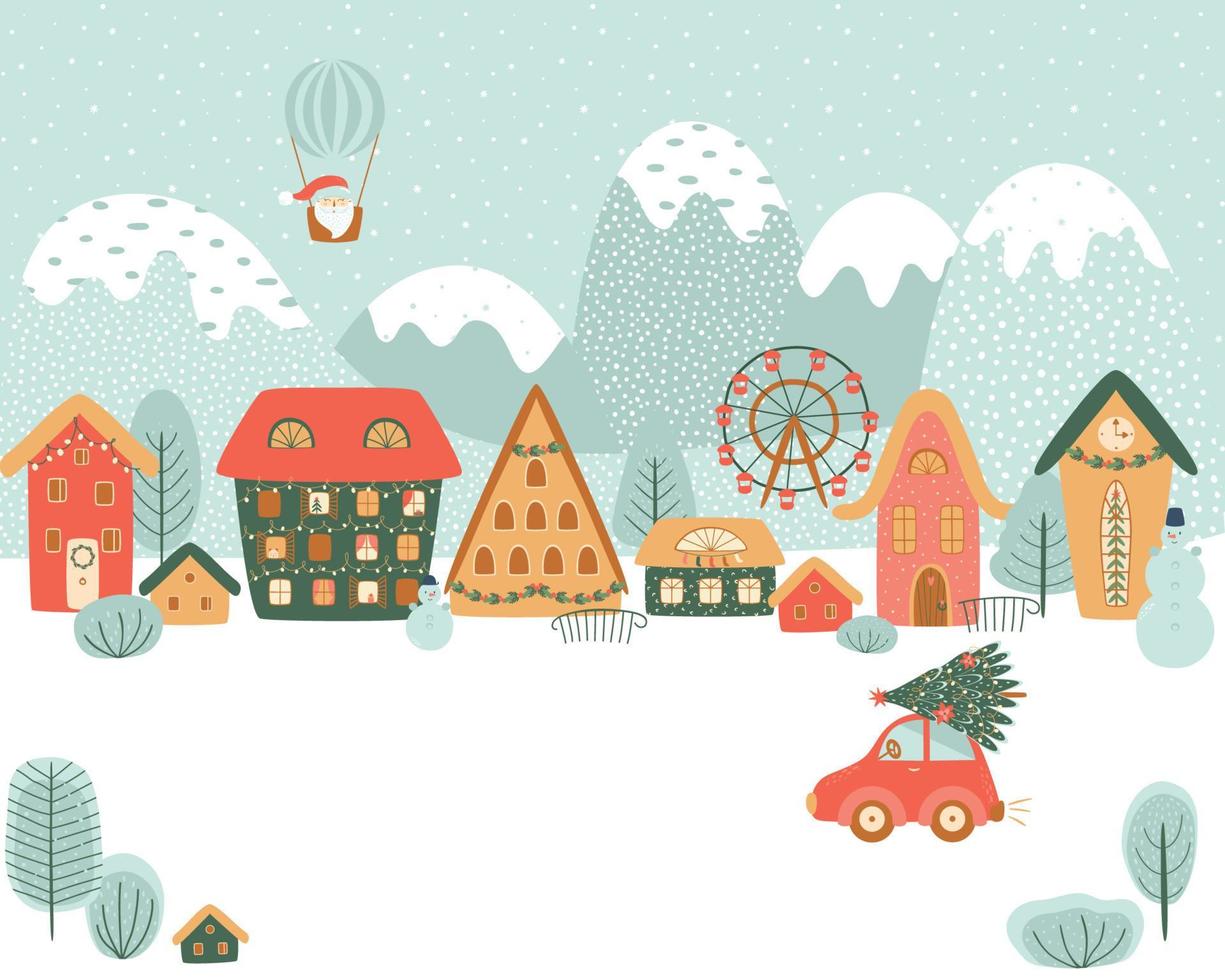 Magical Christmas village in mountains. Winter village, countryside, Christmas landscape, car. Cute cartoon background. Winter nature, Santa fly in balloon. City landscape. Vector illustration poster.