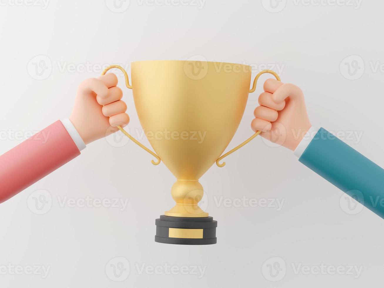 Hand of businessman holding golden trophy on white background, teamworking concept, 3d illustration. photo
