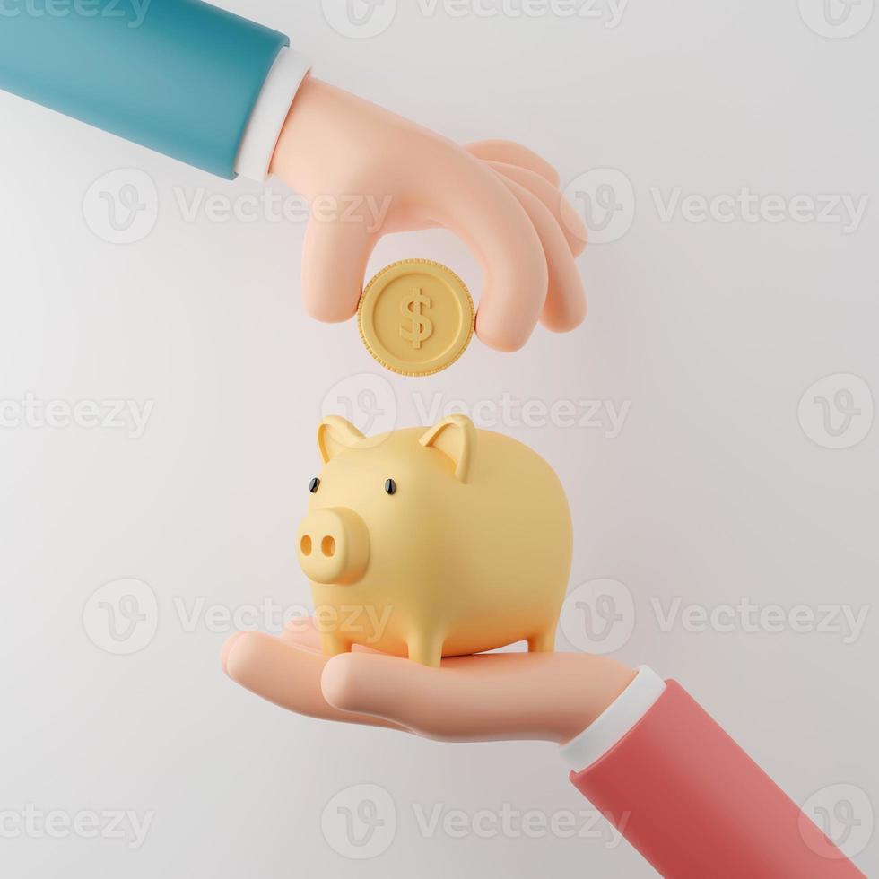 la mano del hombre de negocios deja caer una moneda en la alcancía sobre fondo blanco, ilustración 3d. foto