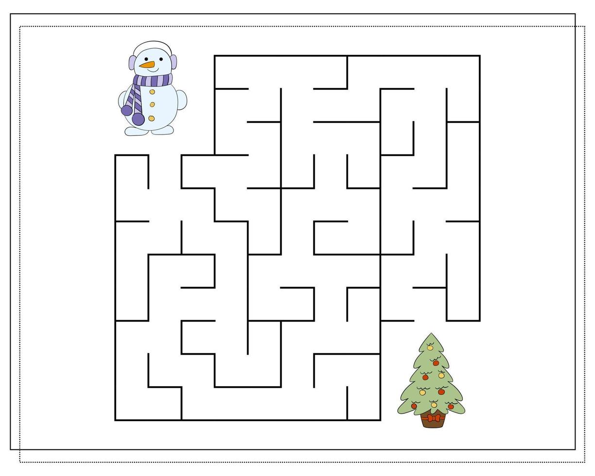 A puzzle game for kids, go through the maze. Cartoon Snowman. vector