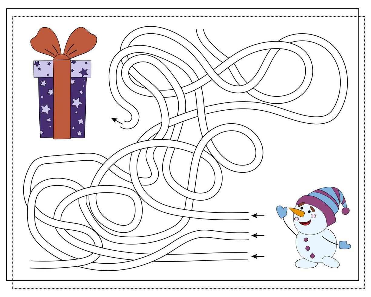 A puzzle game for kids, go through the maze. Cartoon Snowman. vector