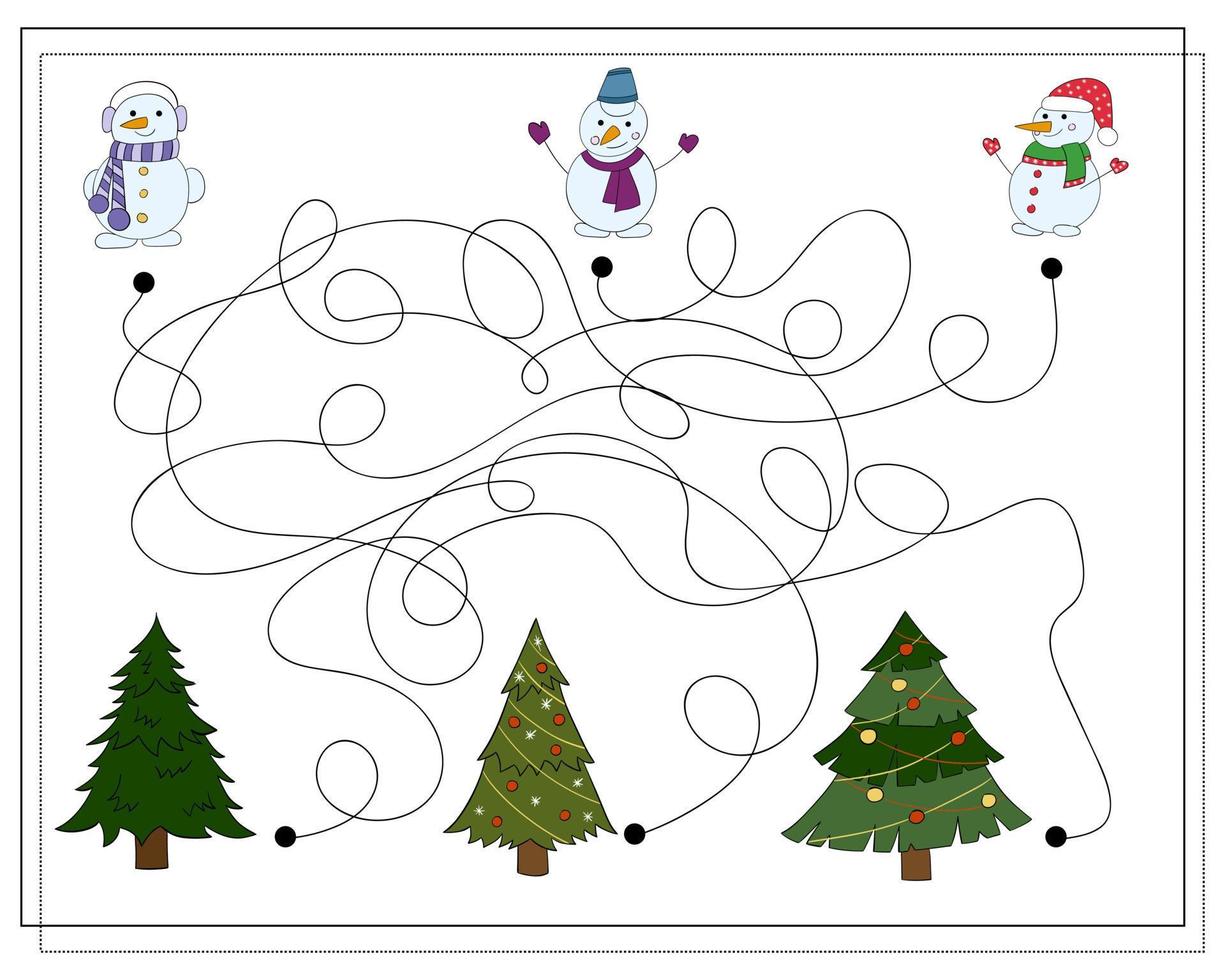 A puzzle game for kids, go through the maze. Cartoon Snowman. vector