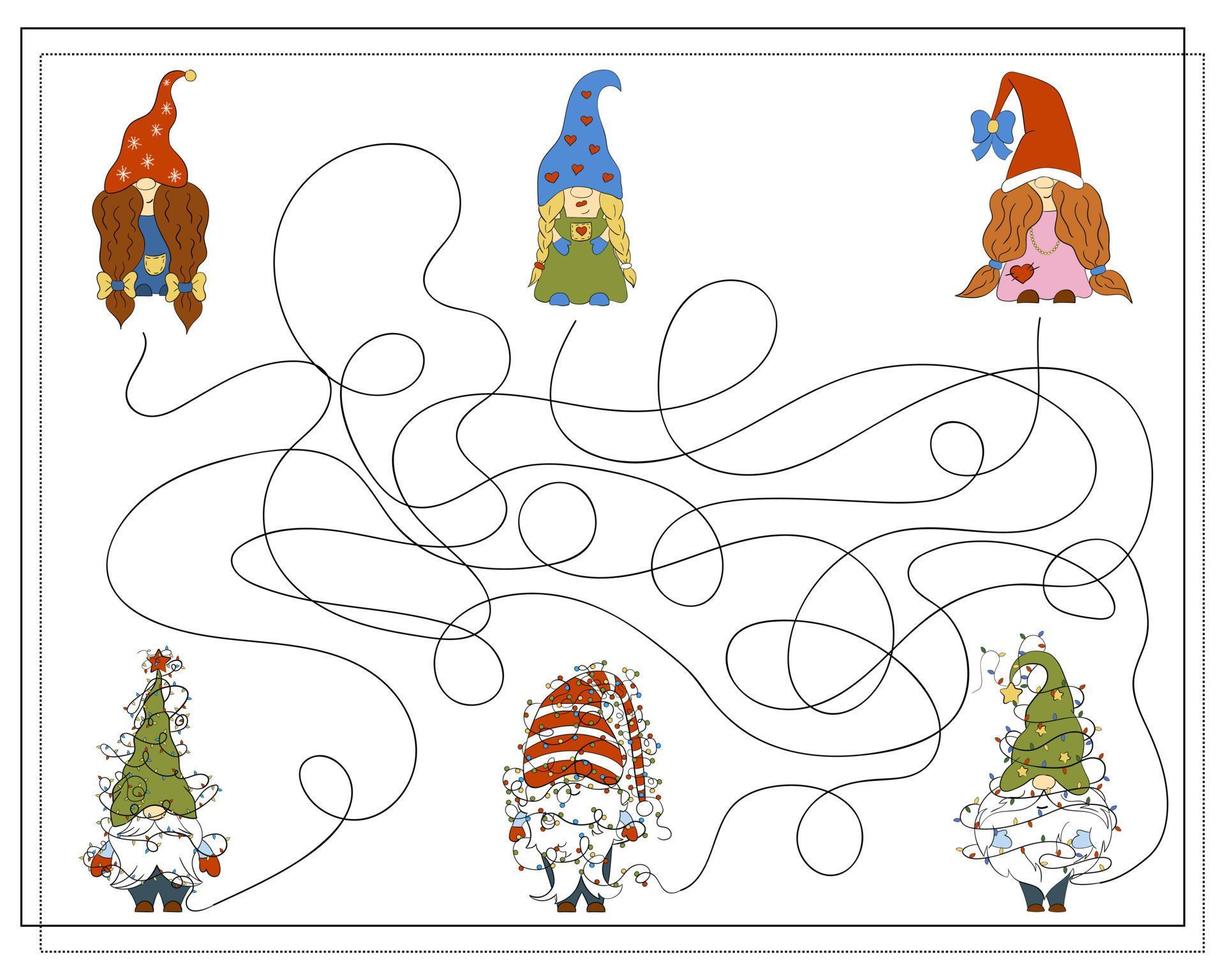 A puzzle game for kids, go through the maze. Cartoon Christmas Gnome. vector