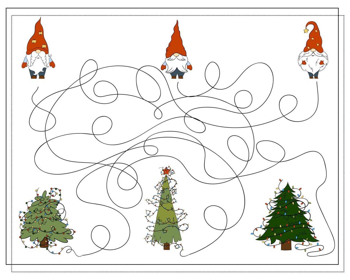 A puzzle game for kids, go through the maze. Cartoon Christmas Gnome. vector