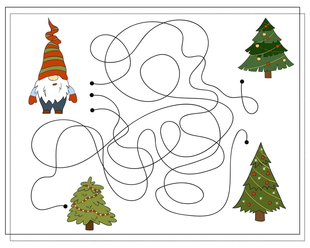 A puzzle game for kids, go through the maze. Cartoon Christmas Gnome. vector