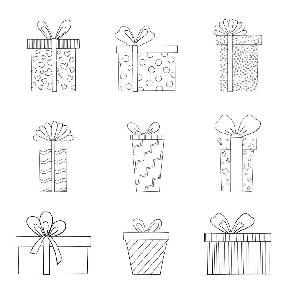 a set of gift boxes with bows of different shapes and patterns in a thin line. vector illustration of a doodle.