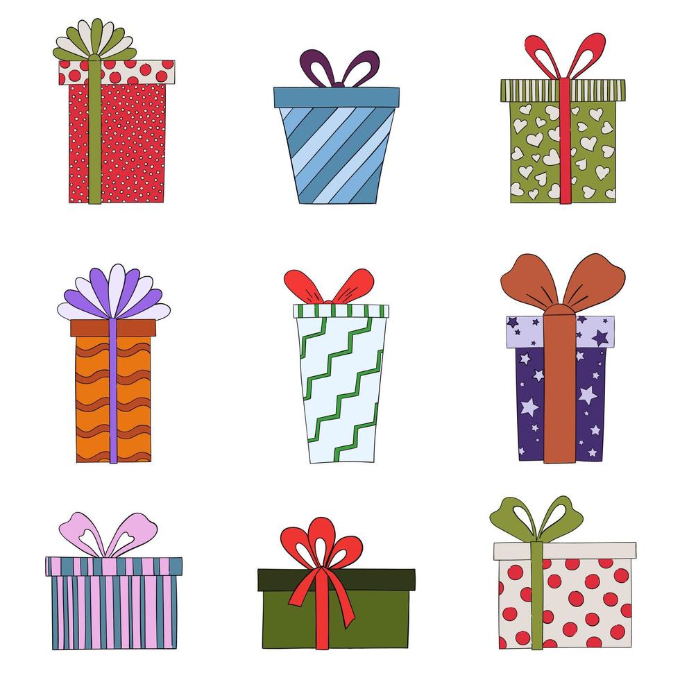 un conjunto de cajas de regalo con lazos de diferentes formas y patrones. ilustración vectorial de un garabato. vector