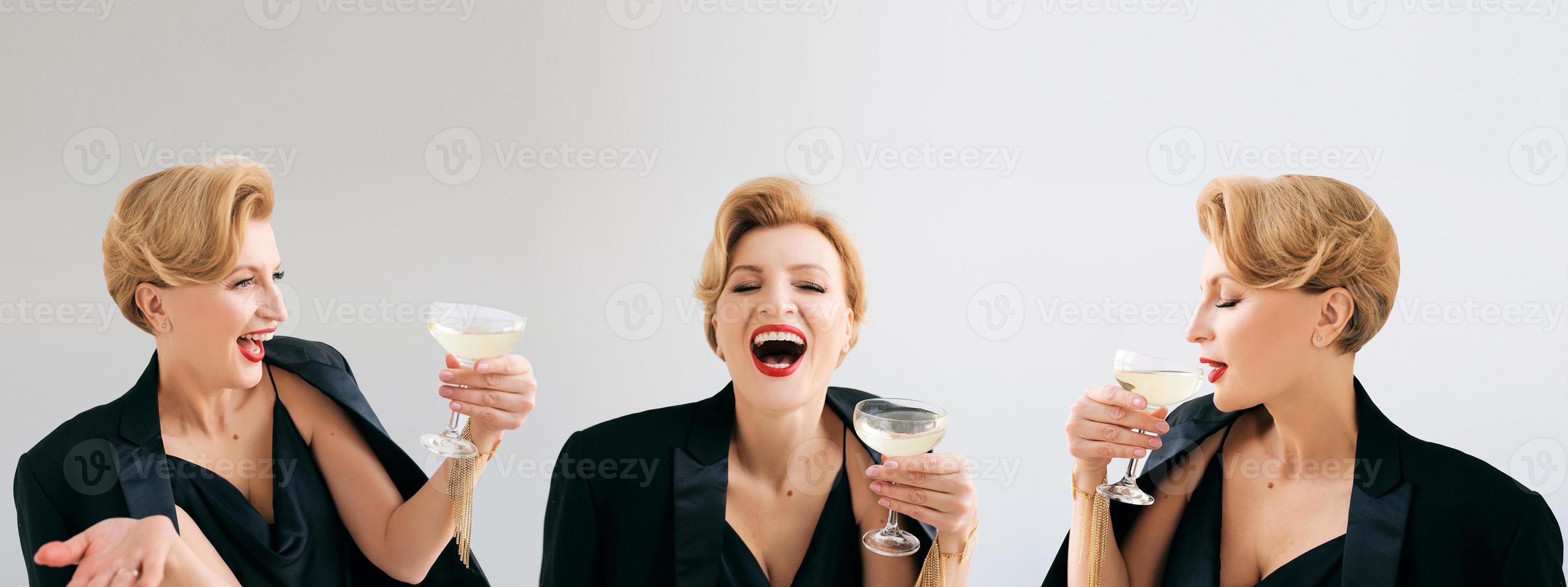 three mature stylish elegant women twins in tuxedo with glass of sparkling wine. Party, celebration, anti age concept photo