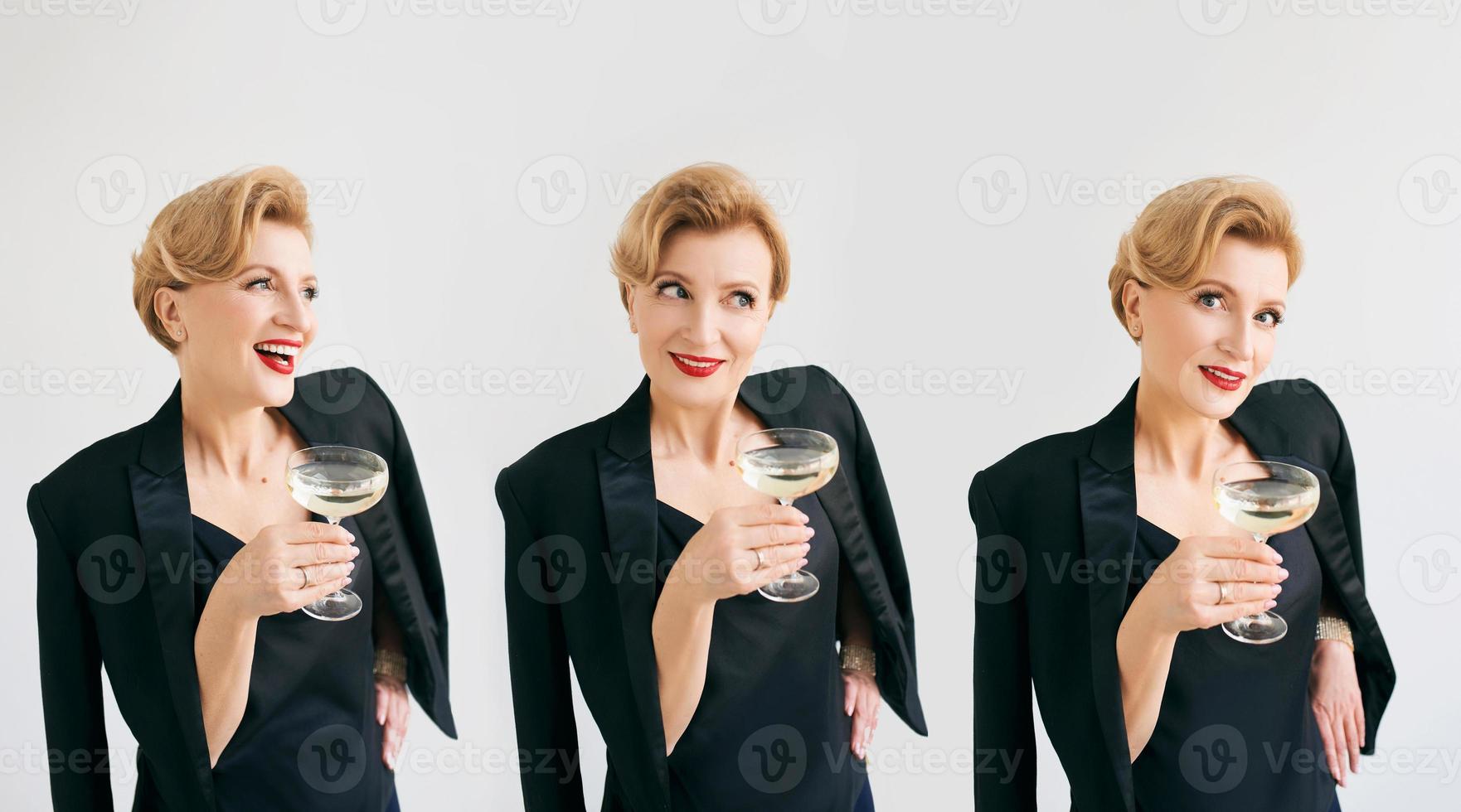 three mature stylish elegant women twins in tuxedo with glass of sparkling wine. Party, celebration, anti age concept photo