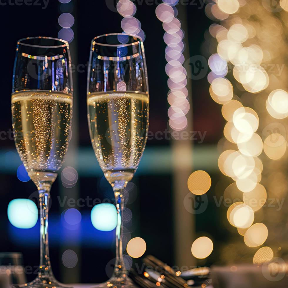 champagne glasses against holiday lights and new year fireworks photo