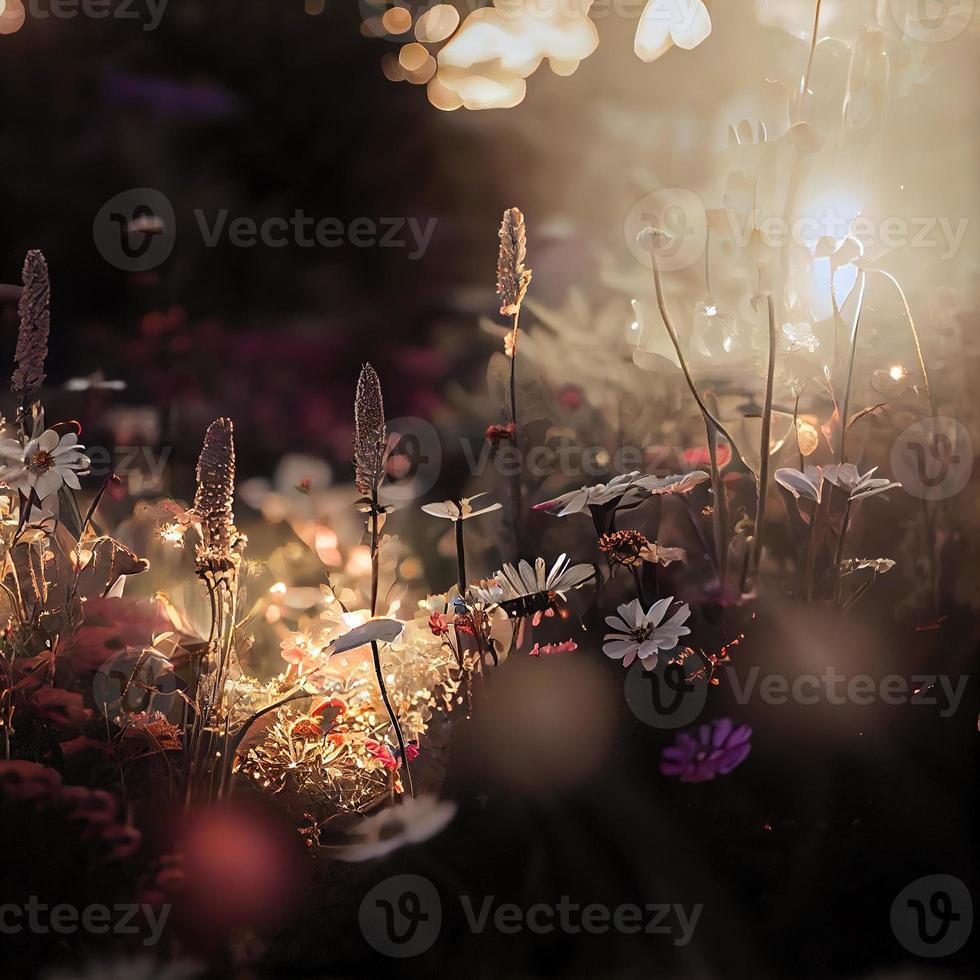 Field of blooming flowers in an enchanted garden with fairy lights photo