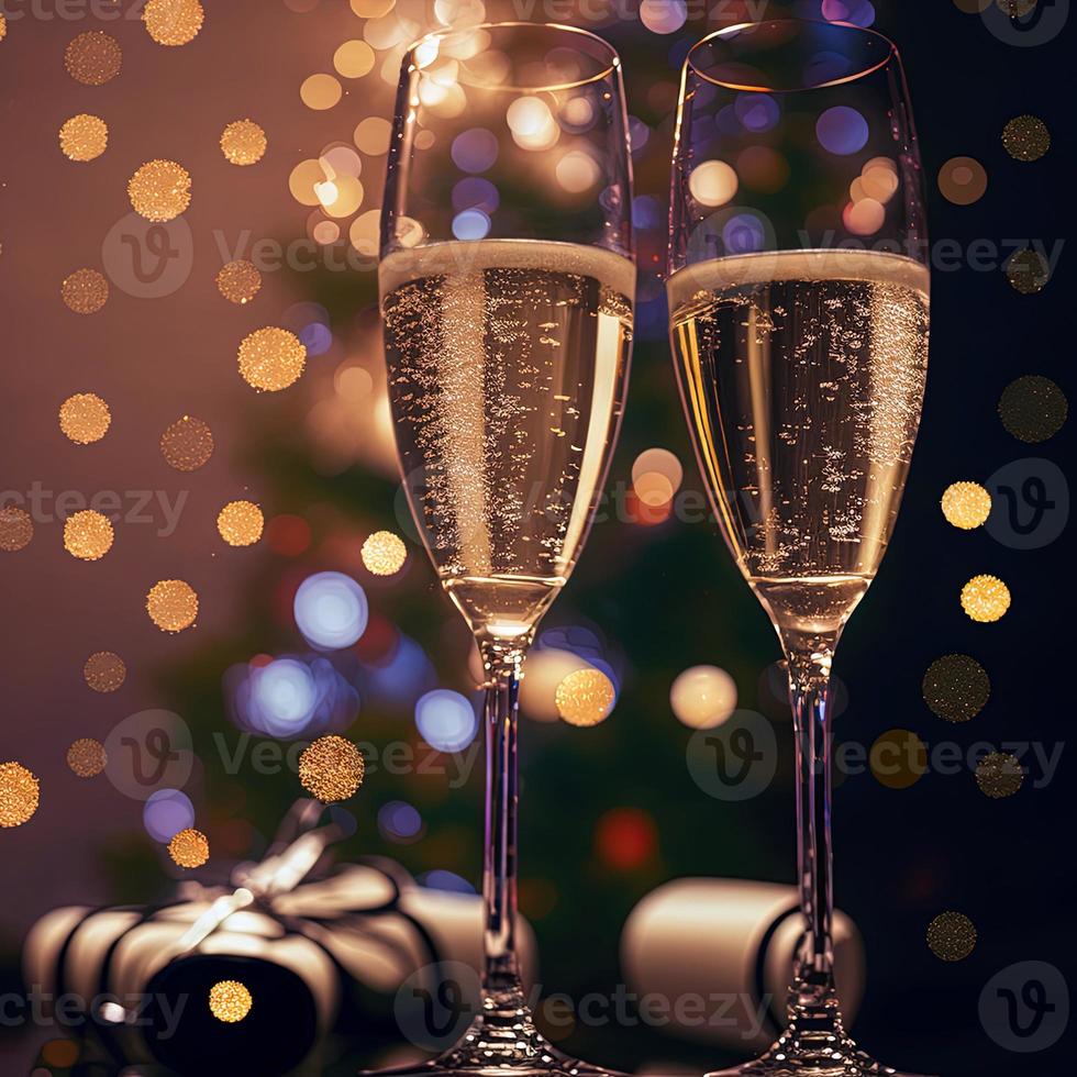 champagne glasses against holiday lights and new year fireworks photo