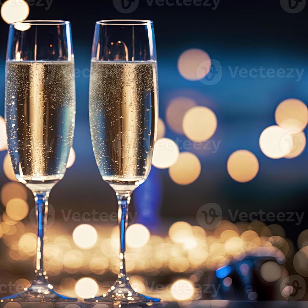 champagne glasses against holiday lights and new year fireworks photo