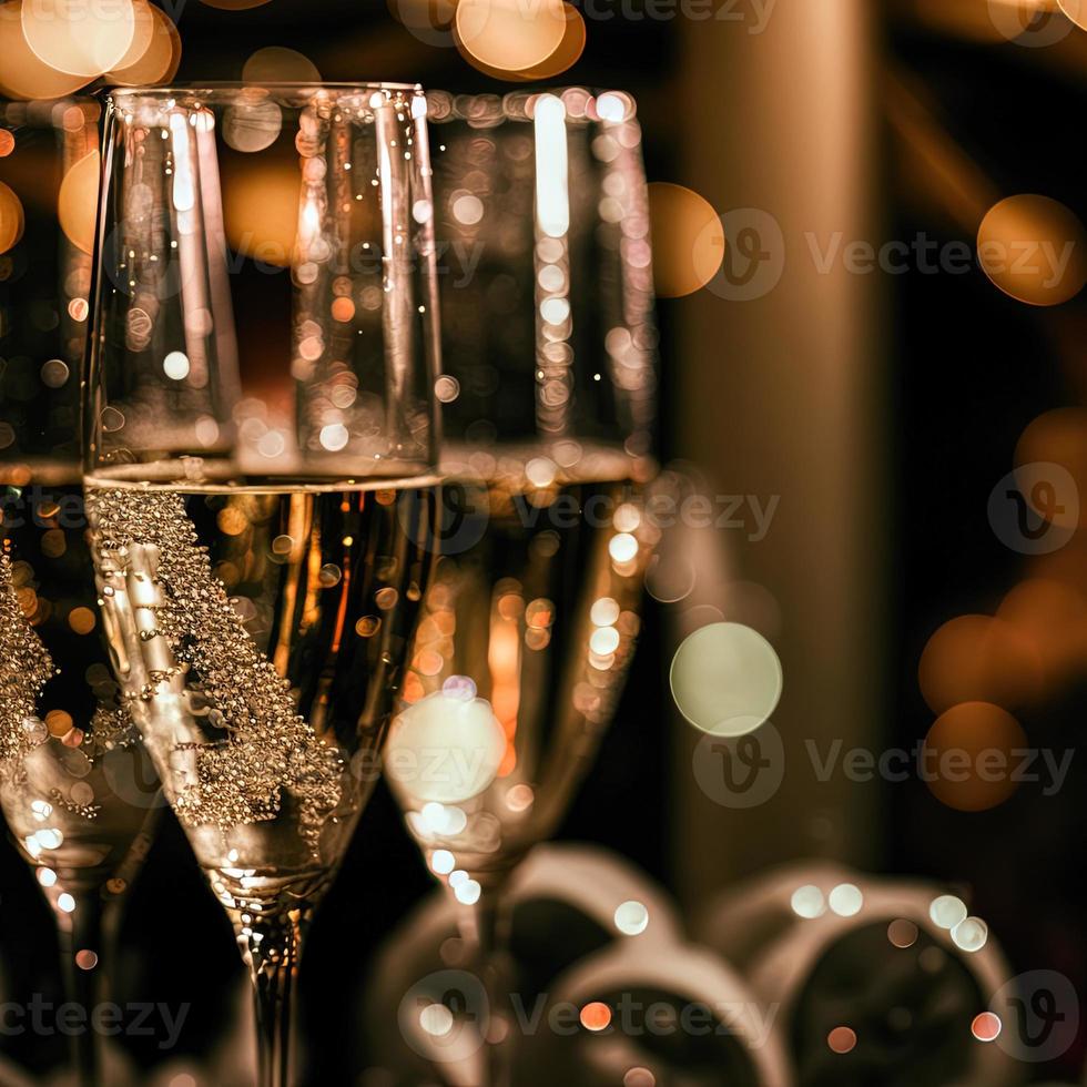 champagne glasses against holiday lights and new year fireworks photo