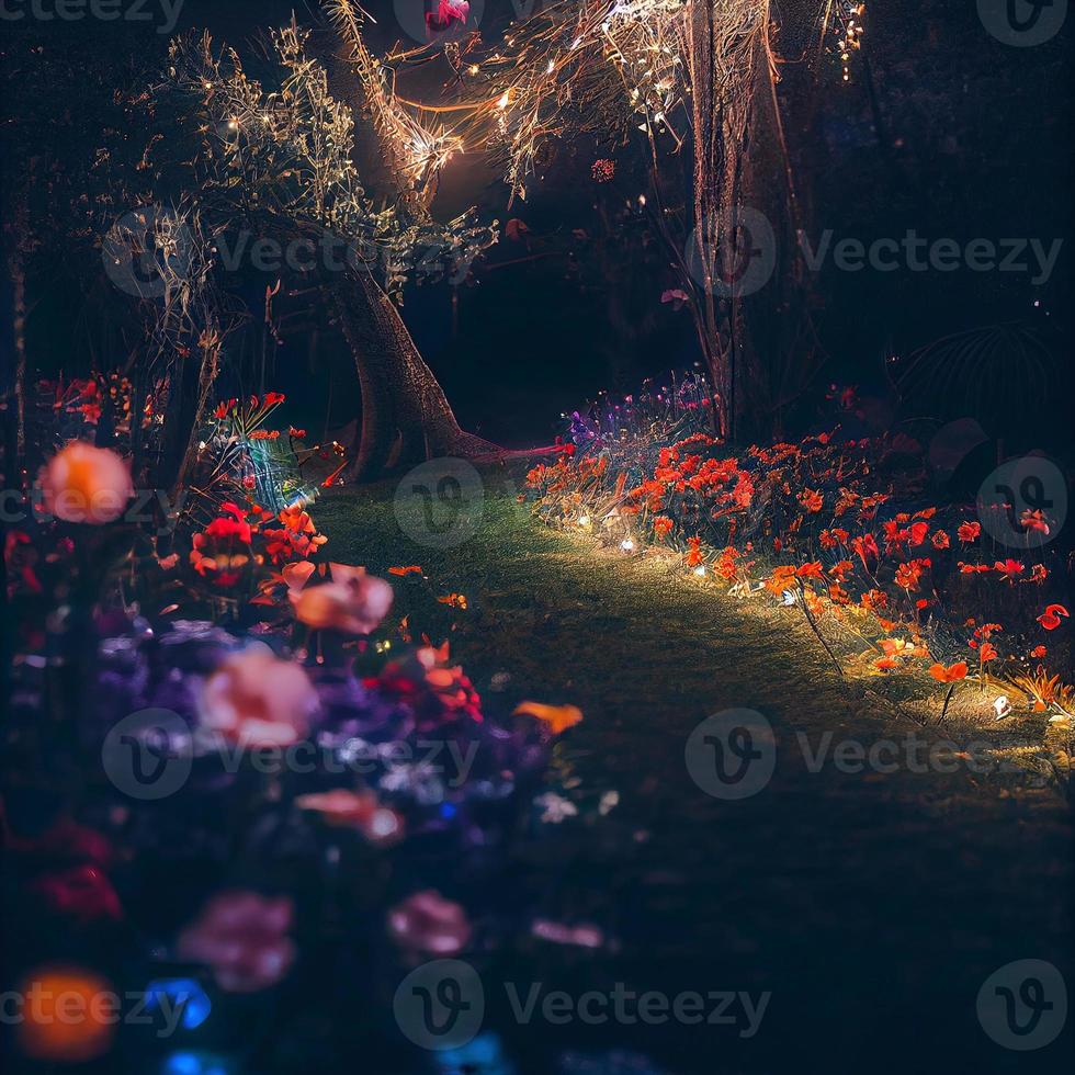 Field of blooming flowers in an enchanted garden with fairy lights photo