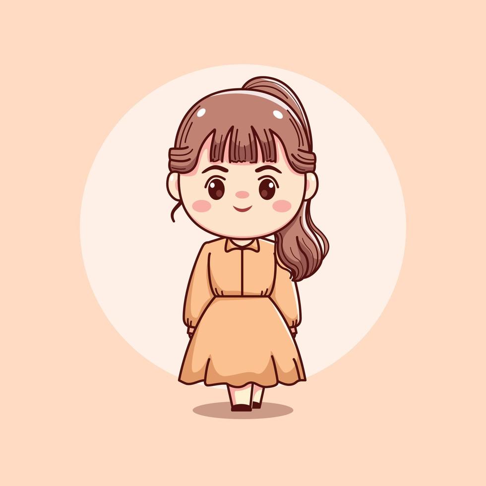 lindo feliz hermosa niña lacio pelo largo kawaii chibi mascota personaje dibujos animados ilustración vector