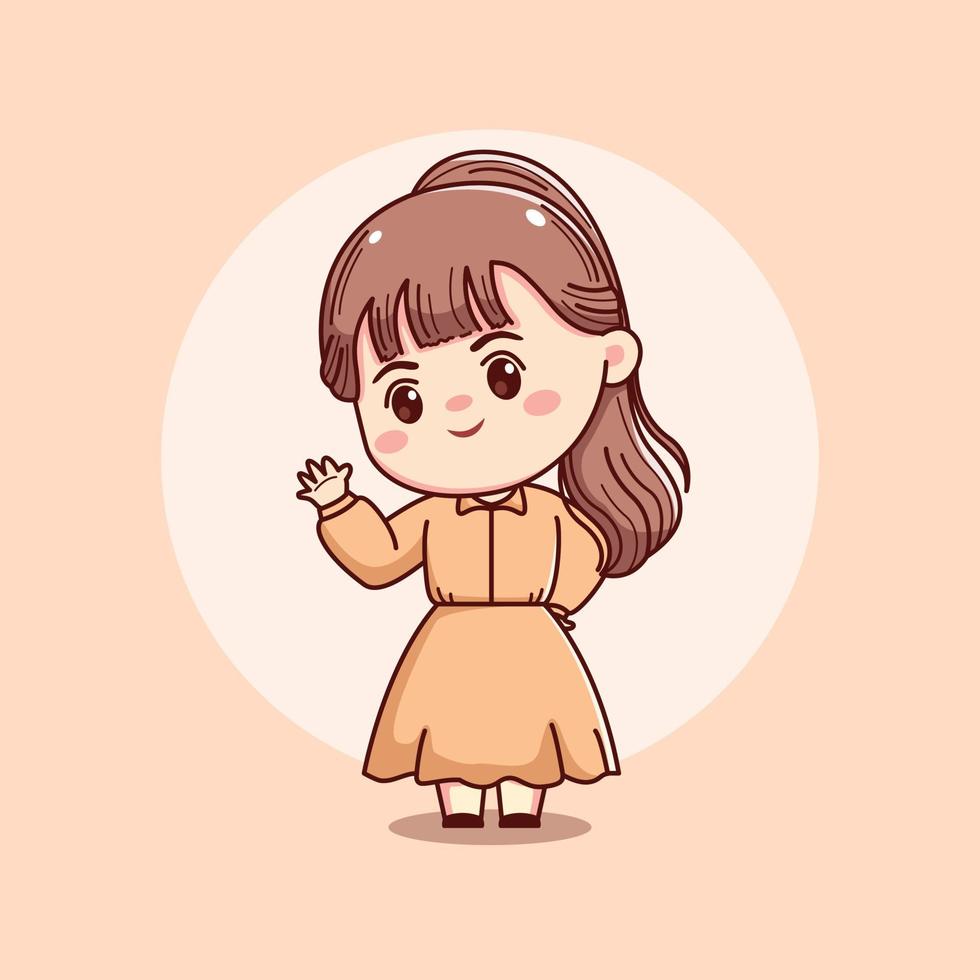 lindo feliz hermosa niña agitando la mano kawaii chibi mascota personaje dibujos animados ilustración vector