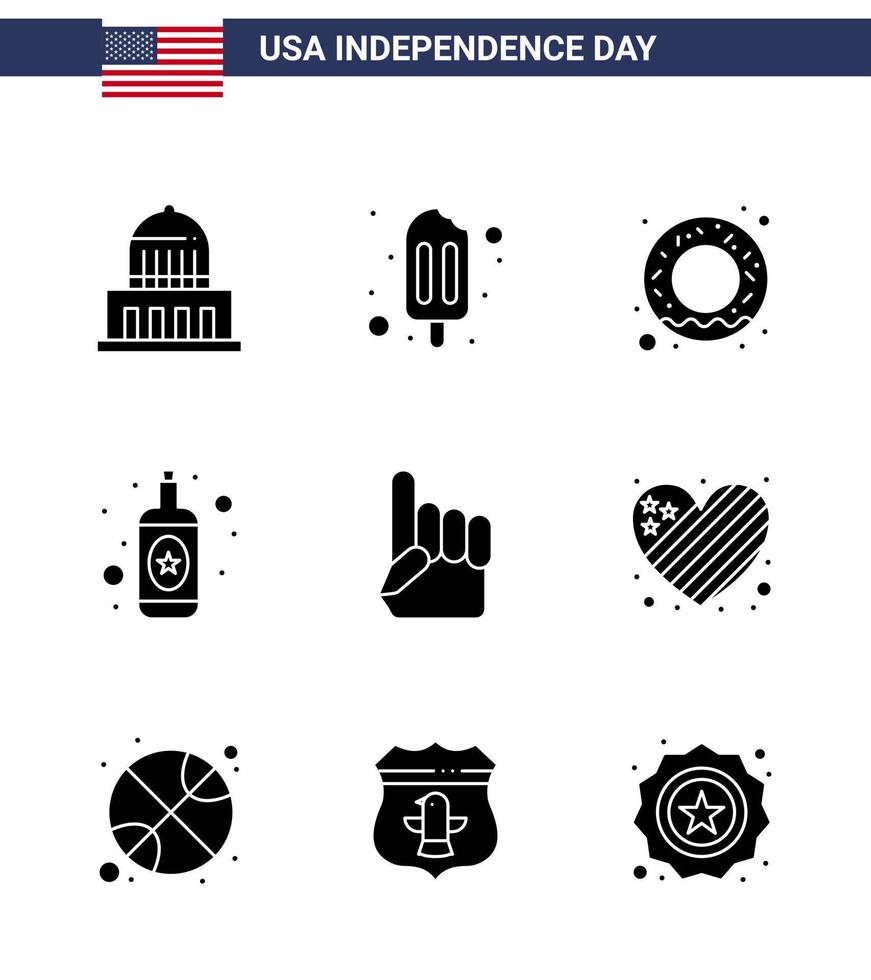 grupo de 9 glifos sólidos establecidos para el día de la independencia de los estados unidos de américa, como los elementos de diseño vectorial del día de los ee.uu. vector