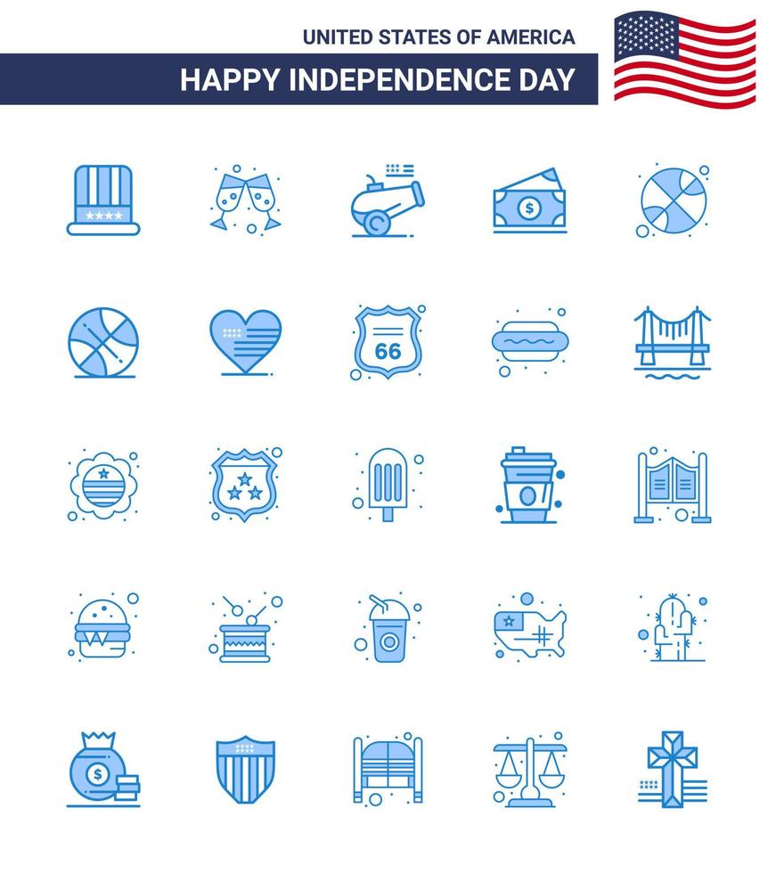 feliz paquete del día de la independencia de 25 signos y símbolos de blues para el cañón de baloncesto deportivo usa dinero elementos de diseño vectorial del día de estados unidos editables vector