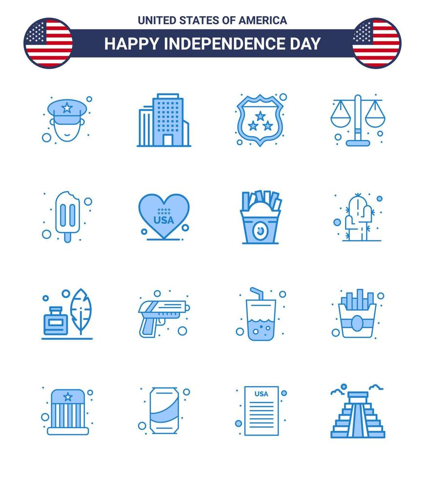 16 USA Blue Pack of Independence Day Signs and Symbols of heart popsicle shield ice cream law Editable USA Day Vector Design Elements