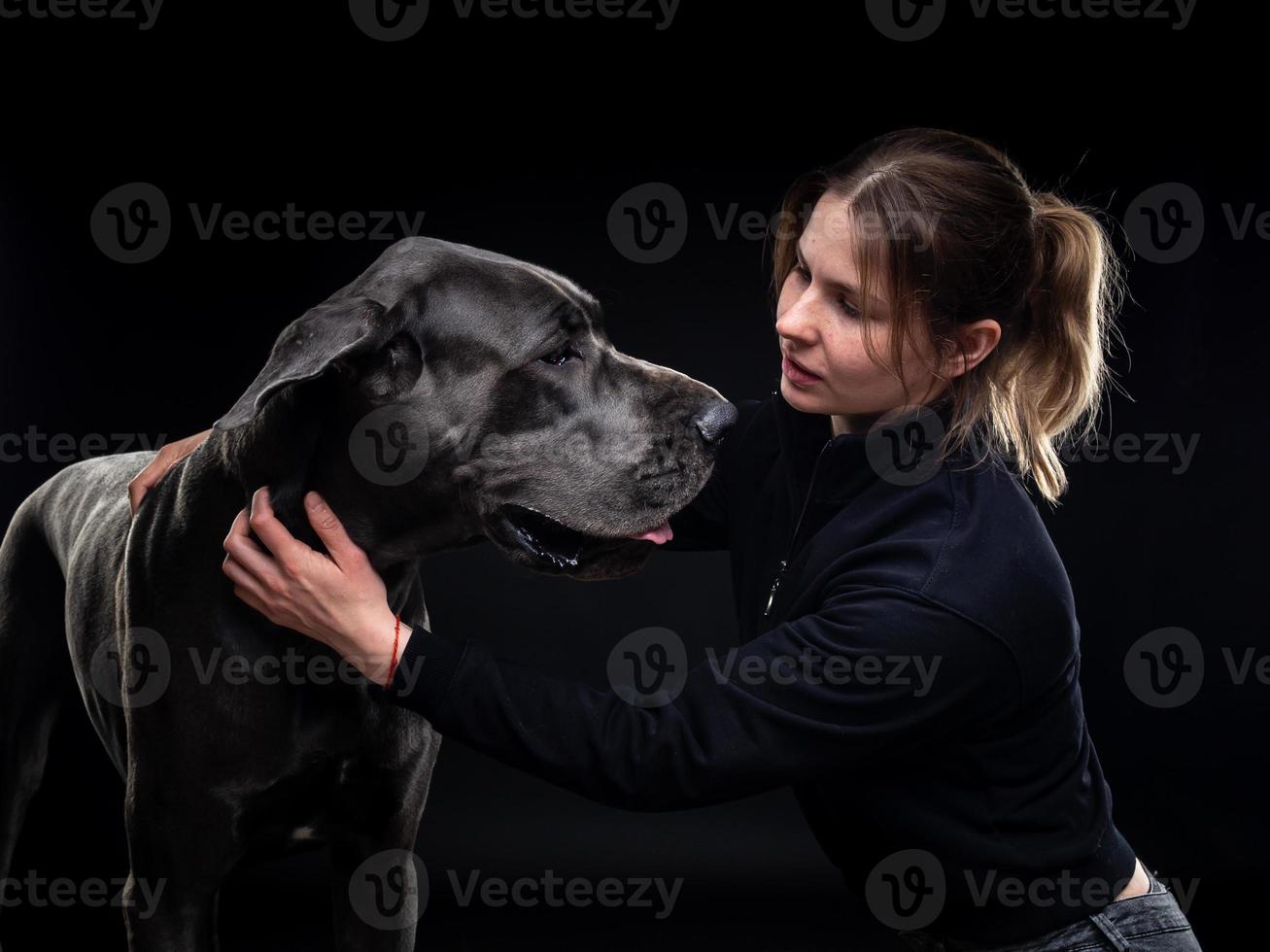 young pretty woman poses with her pet, a Great Dane, highlighted on a black background. photo