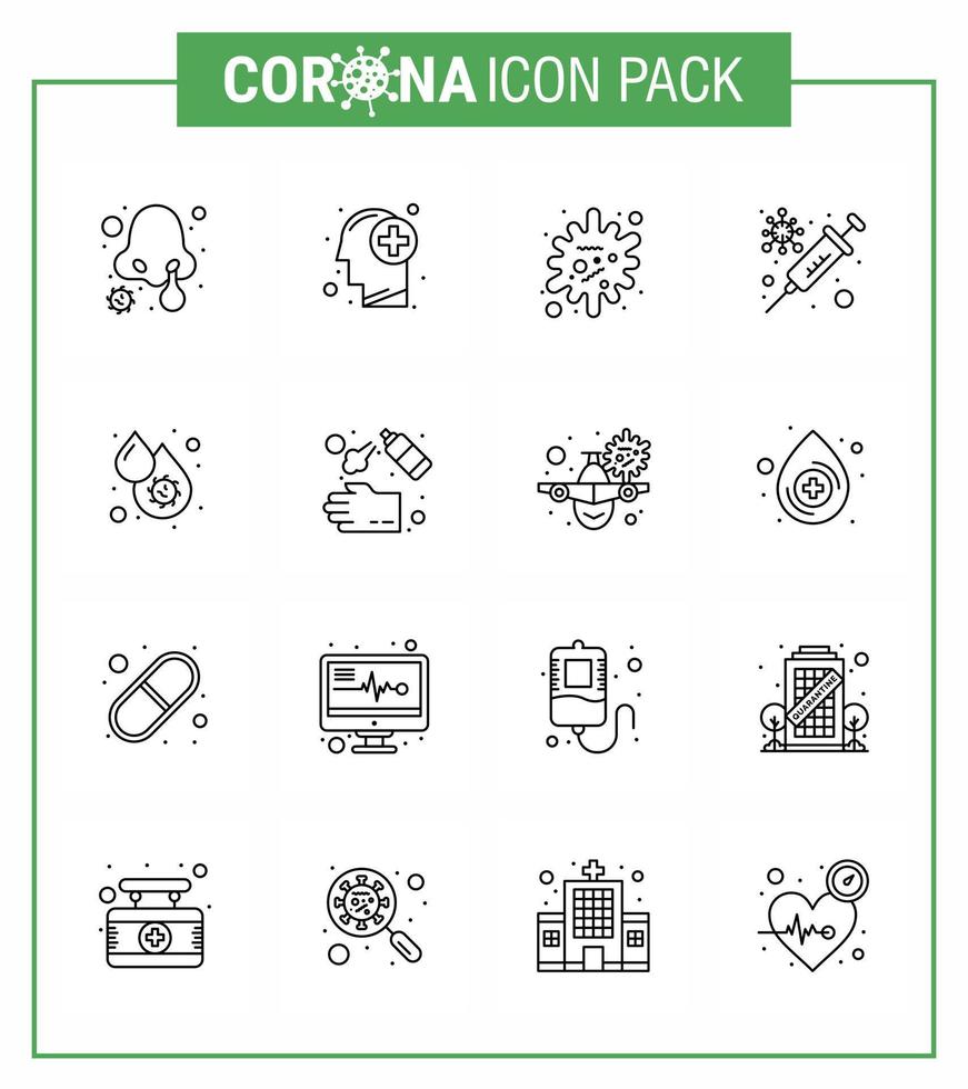 Coronavirus Precaution Tips icon for healthcare guidelines presentation 16 Line icon pack such as blood virus virus antigen vaccine flu viral coronavirus 2019nov disease Vector Design Elements