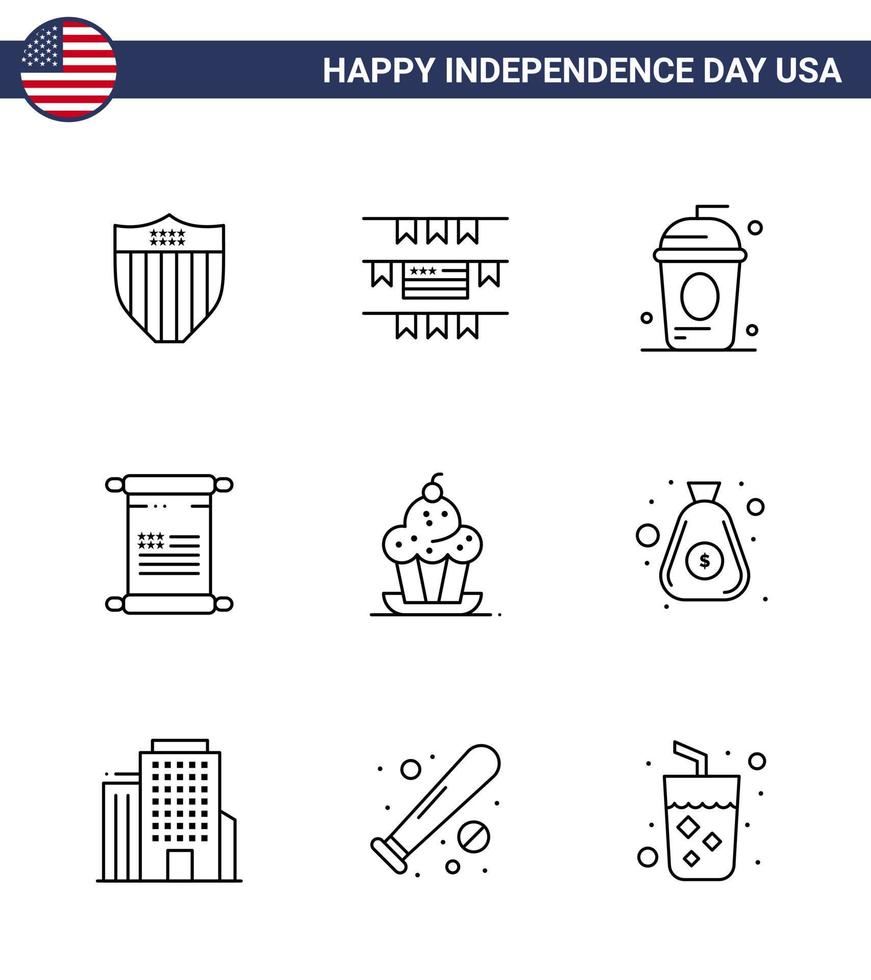 Stock Vector Icon Pack of American Day 9 Line Signs and Symbols for dessert usa cole american scroll Editable USA Day Vector Design Elements