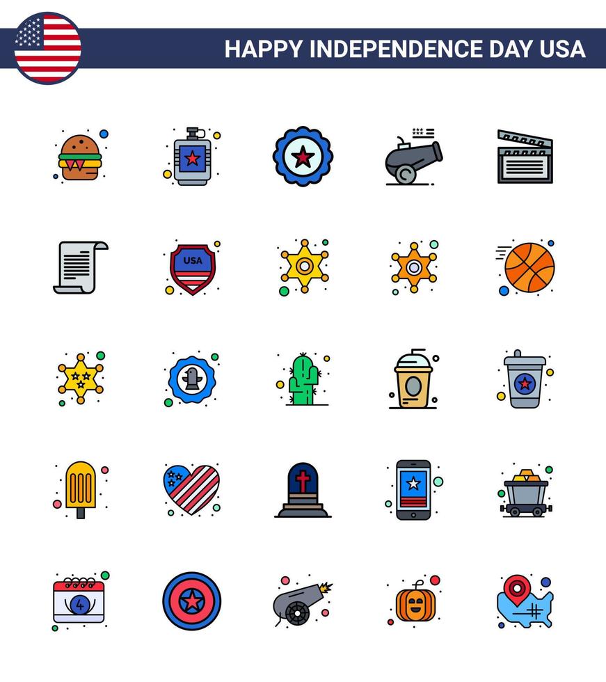 25 Flat Filled Line Signs for USA Independence Day american howitzer liquid cannon usa Editable USA Day Vector Design Elements