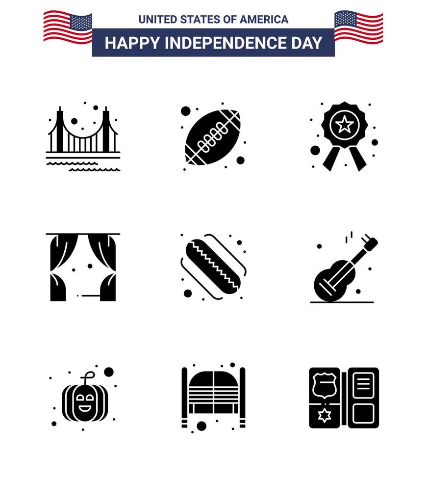 USA Happy Independence DayPictogram Set of 9 Simple Solid Glyphs of american theatre american ball leisure sign Editable USA Day Vector Design Elements