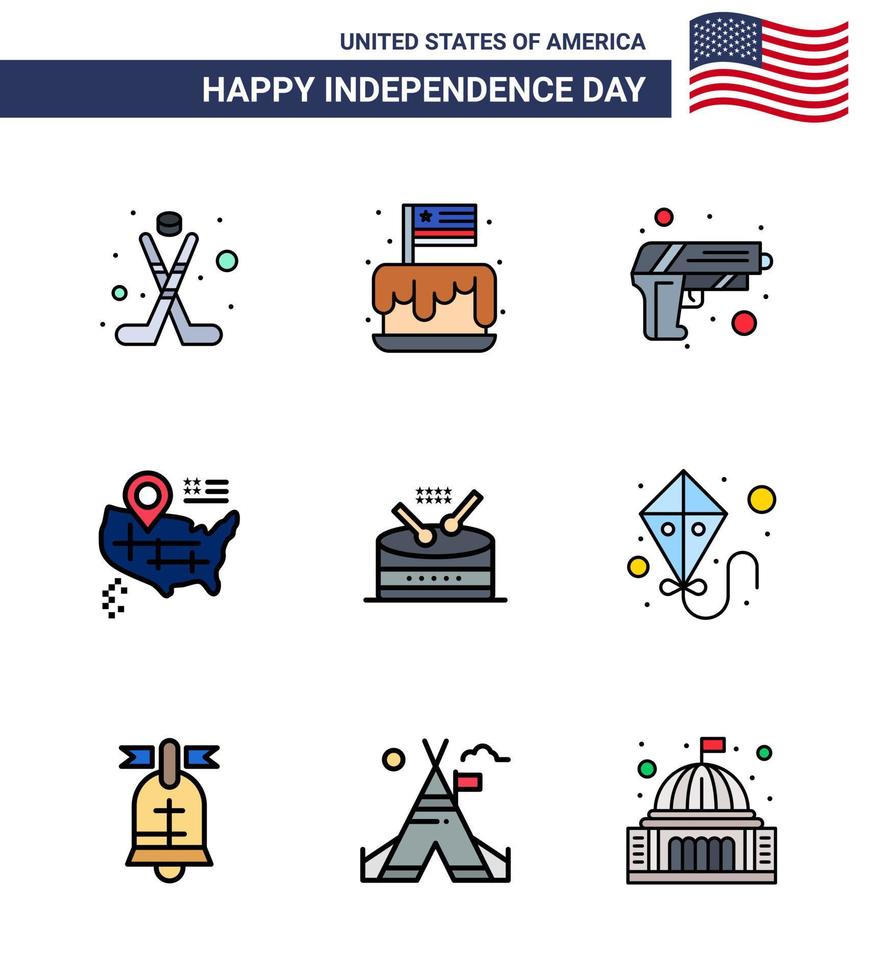 Modern Set of 9 Flat Filled Lines and symbols on USA Independence Day such as instrument american usa map weapon Editable USA Day Vector Design Elements